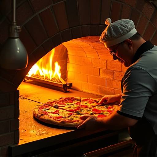 Chef di Bella Napoli che prepara una pizza in un forno a legna, mostrando la sua abilit&agrave;