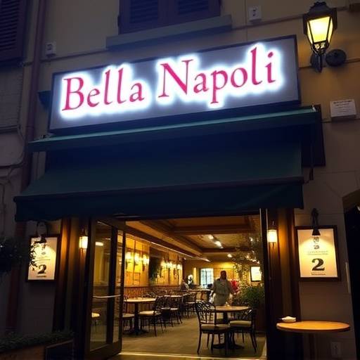Ingresso del Ristorante Bella Napoli a Firenze, con tavoli all'aperto e insegna luminosa