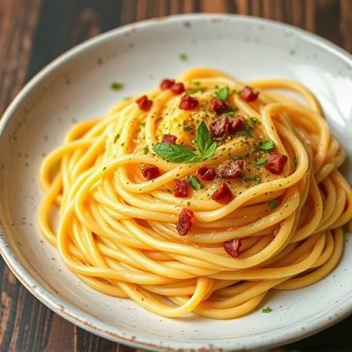 Spaghetti alla carbonara con guanciale croccante e uovo fresco